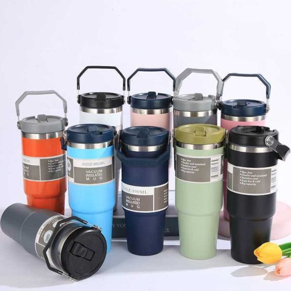 Garrafa Térmica Copo Caneca De Aço Inoxidável Com Canudo e Alça Flip Parede Dupla 890ml