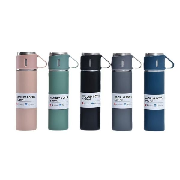 caneca Kit Garrafa Térmica Vacuum Bottle Inox 500ml + 3 Xícaras Bebidas Fria ou Quente