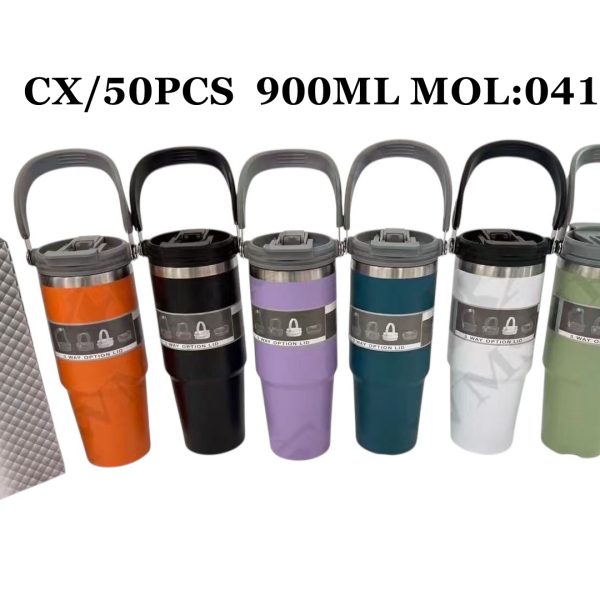 Copo Térmica De Aço Inoxidável Com Canudo e Alça Flip Parede Dupla 900ml