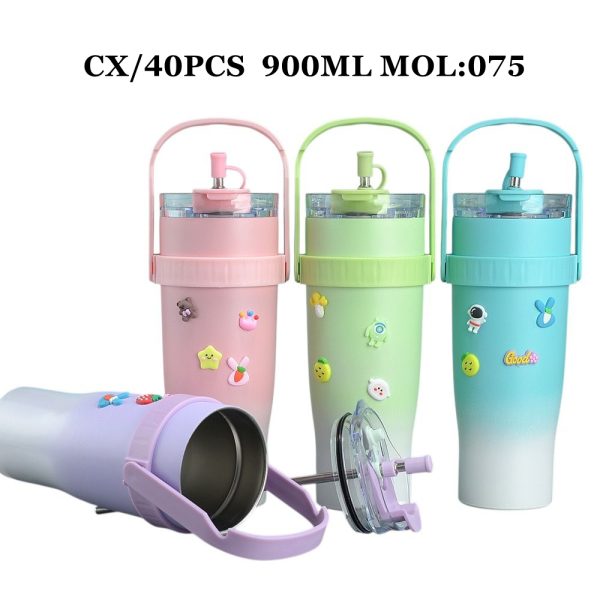 Copo Térmica De Aço Inoxidável Com Canudo e Alça Flip Parede Dupla 900ml